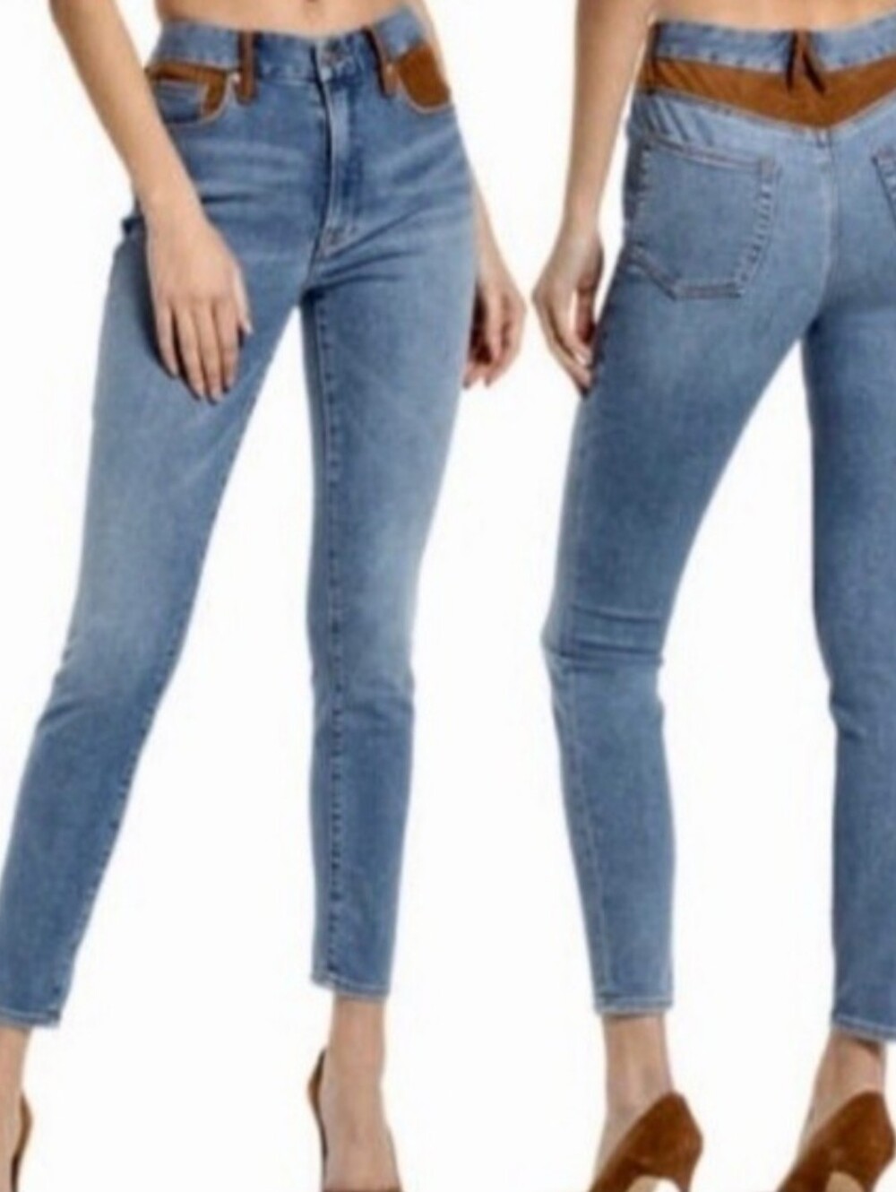 Classic Light Blue Women's Denim Jeans with Brown Waistband